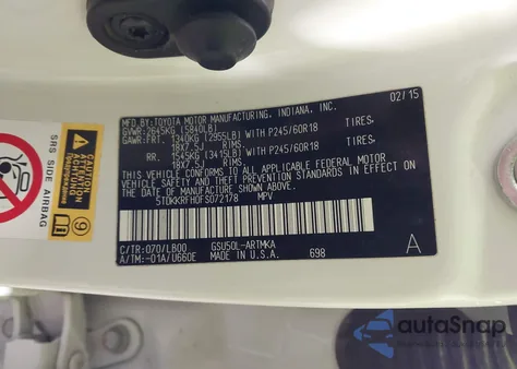 2015 Toyota Highlander Xle V6 из США, поврежденный, VIN 5TDKKRFH0FS072178